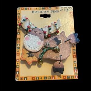 Vtg Wooden Christmas Articulatd Reindeer Brooch Lapel Pin Bells Hand Painted NWT